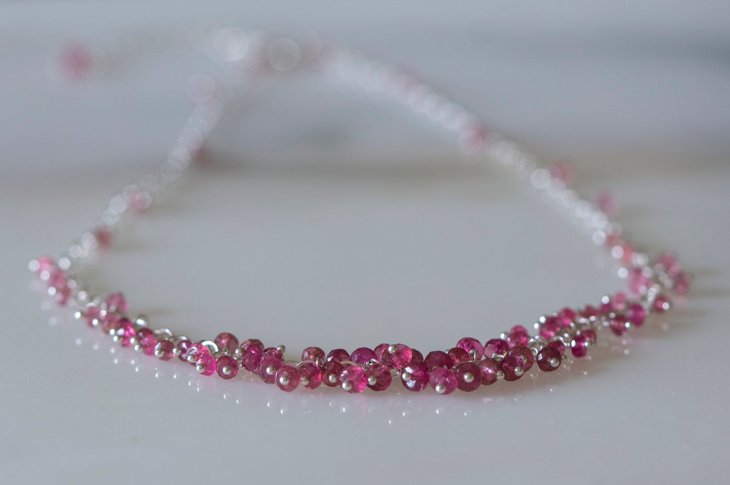 Pink tourmaline sterling silver cluster necklace