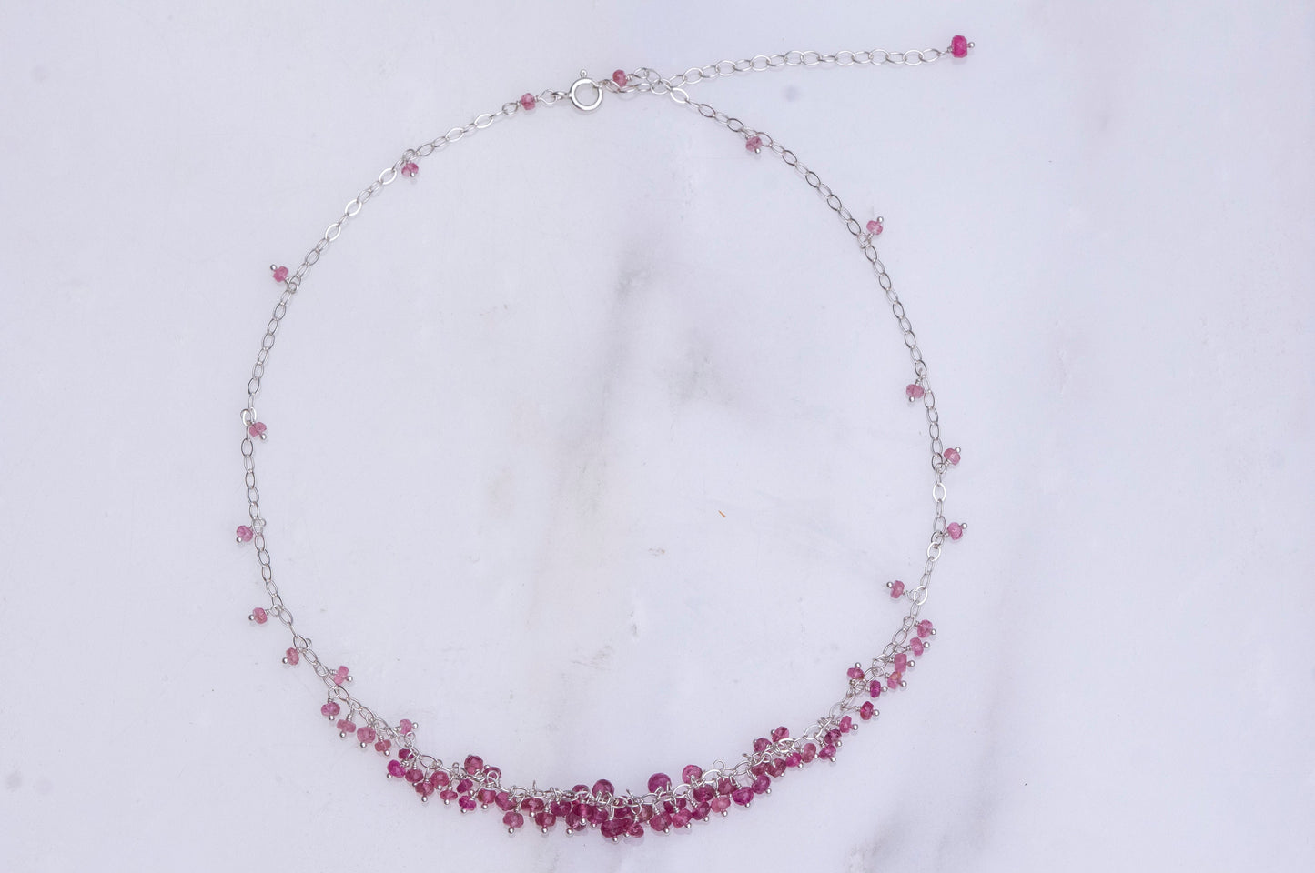 Pink tourmaline sterling silver cluster necklace