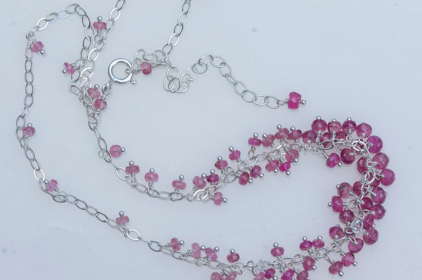 Pink tourmaline sterling silver cluster necklace