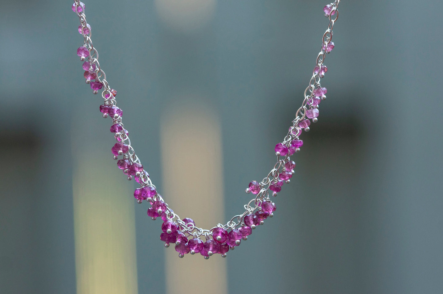 Pink tourmaline sterling silver cluster necklace