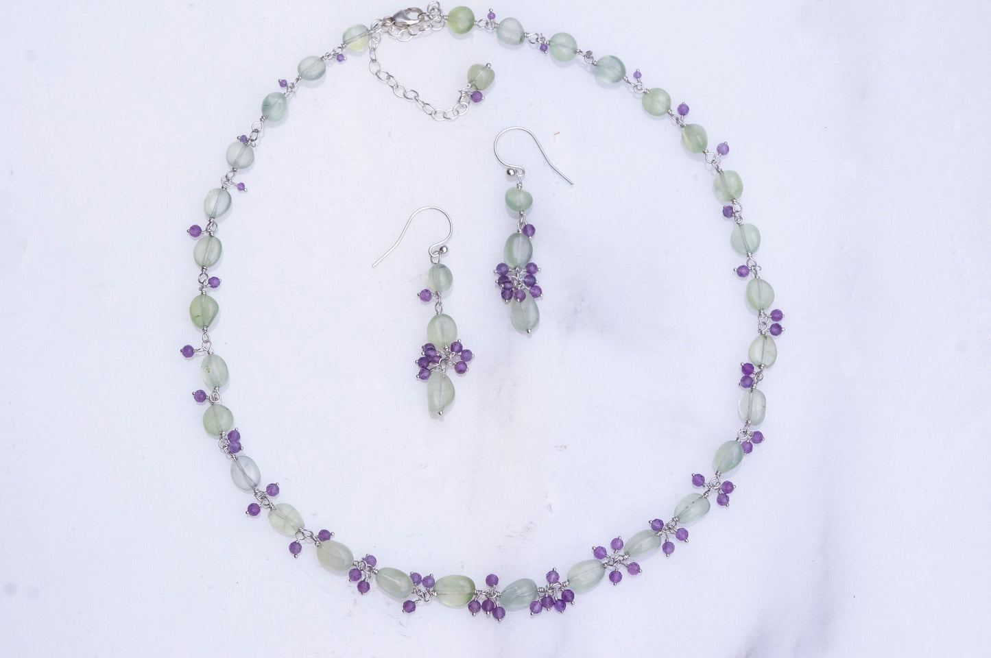 Prehnite and amethyst cluster necklace and earring