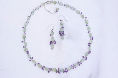 Prehnite and amethyst cluster necklace and earring