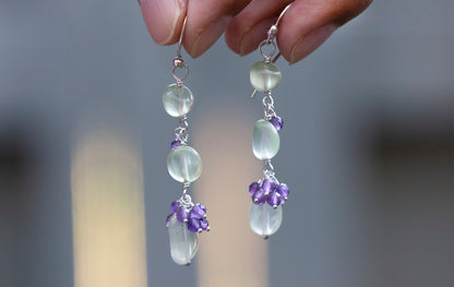 Prehnite and amethyst cluster necklace and earring