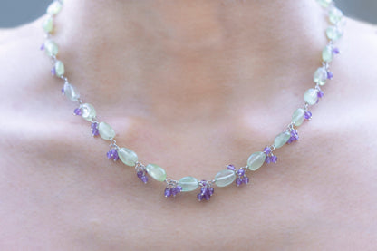 Prehnite and amethyst cluster necklace and earring