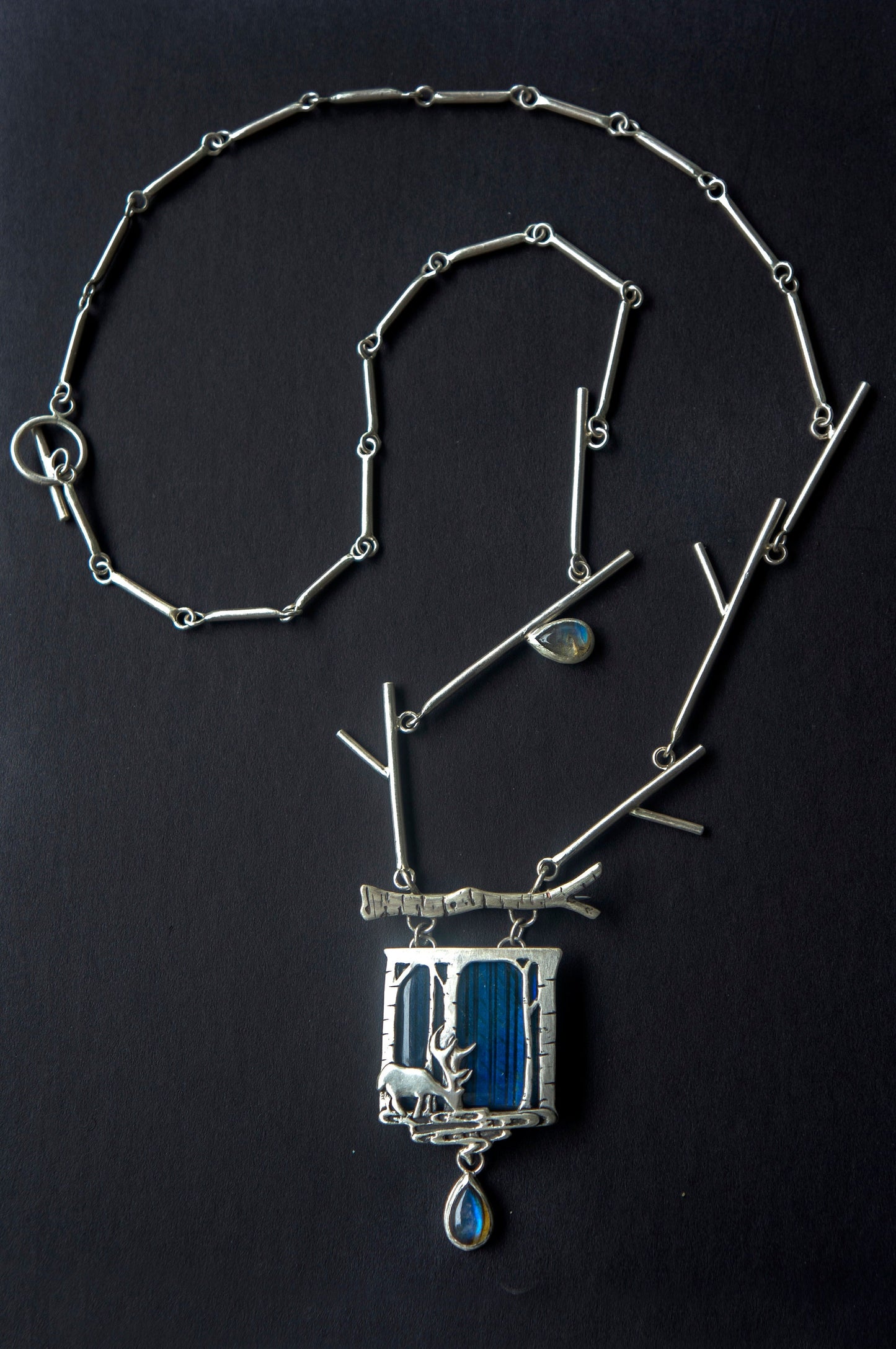 Deer in magical world, Labradorite brooch and necklace, one of a kind
