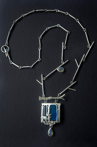 Deer in magical world, Labradorite brooch and necklace, one of a kind