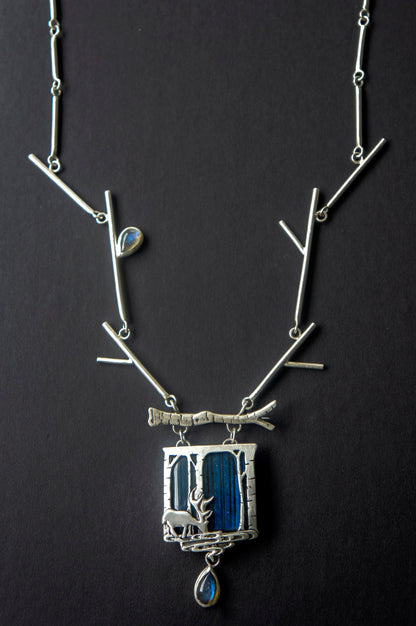 Deer in magical world, Labradorite brooch and necklace, one of a kind