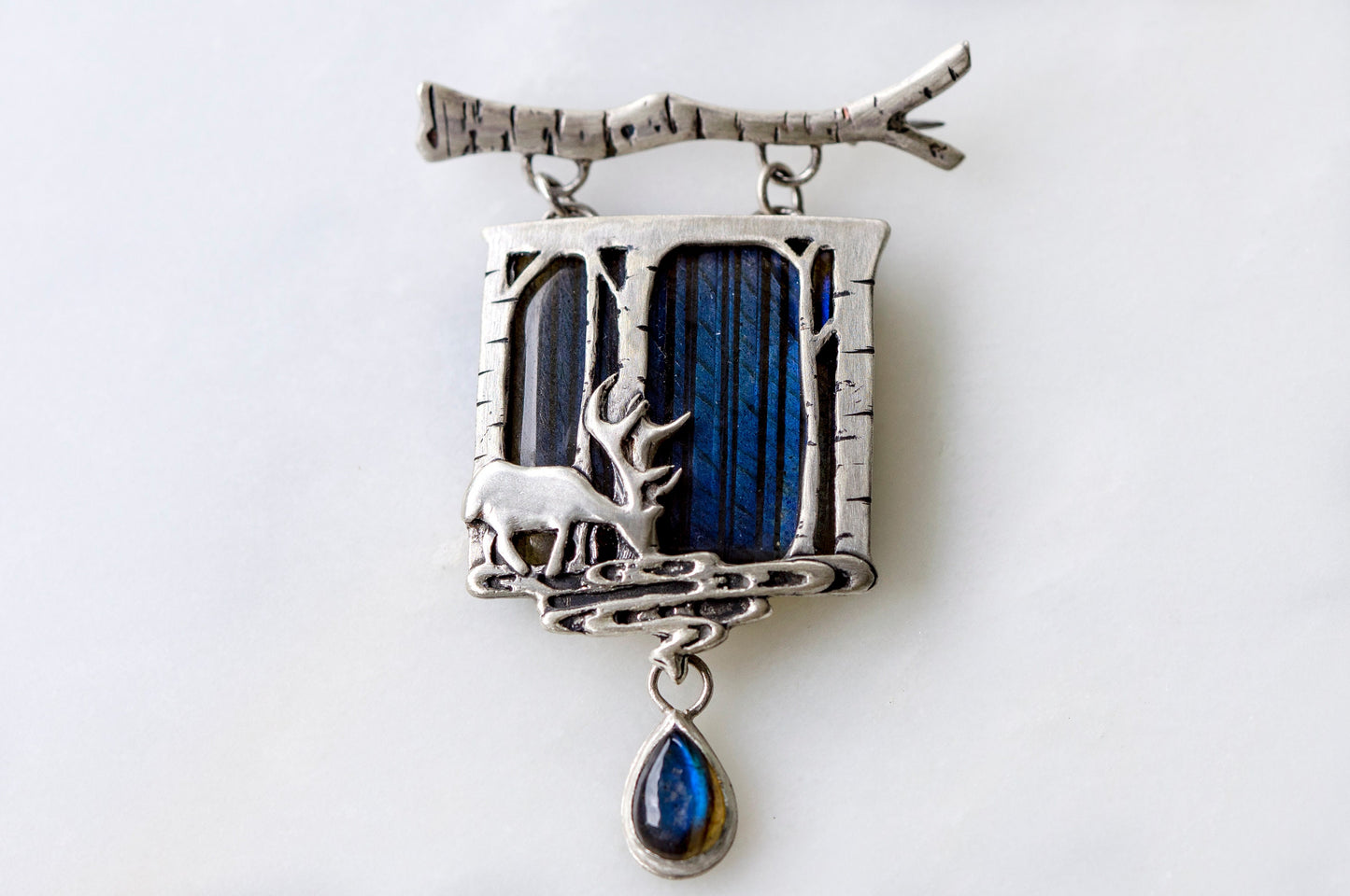 Deer in magical world, Labradorite brooch and necklace, one of a kind