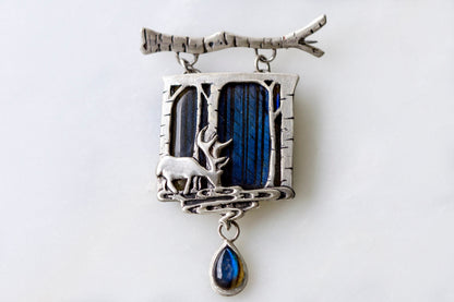 Deer in magical world, Labradorite brooch and necklace, one of a kind