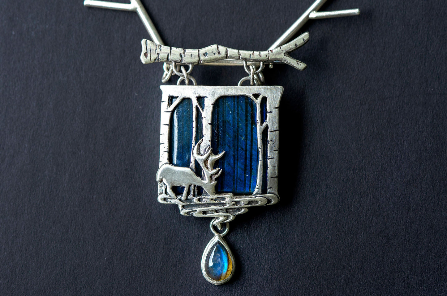 Deer in magical world, Labradorite brooch and necklace, one of a kind