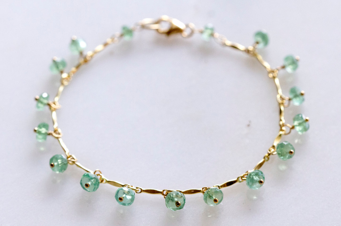 Emerald dangle gold filled bracelet