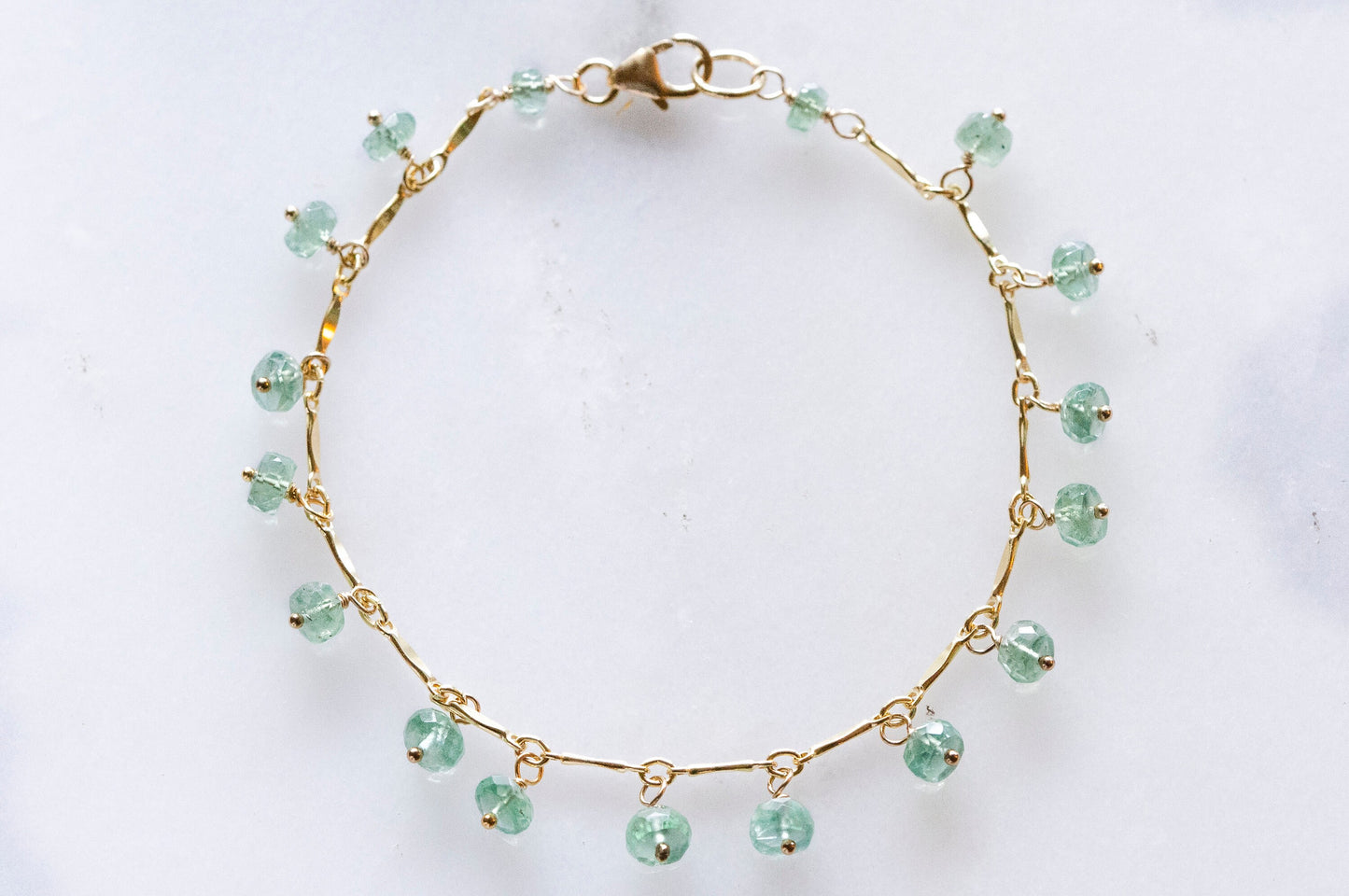 Emerald dangle gold filled bracelet