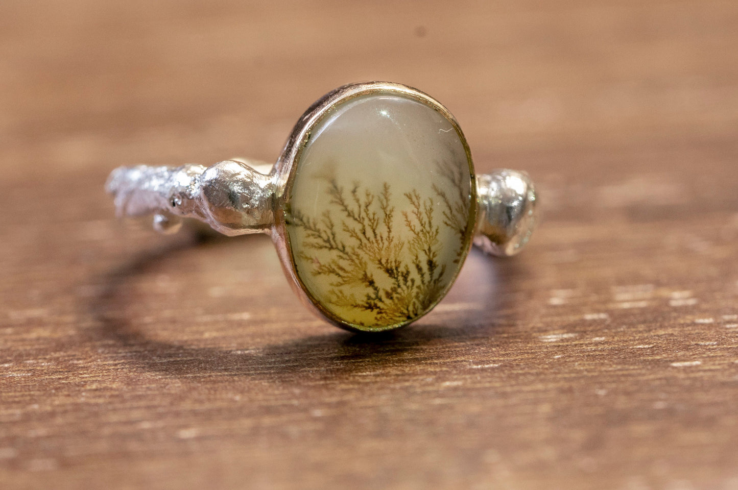 Dendritic agate 14k gold and sterling silver twig ring