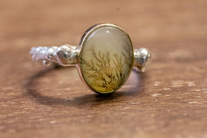 Dendritic agate 14k gold and sterling silver twig ring