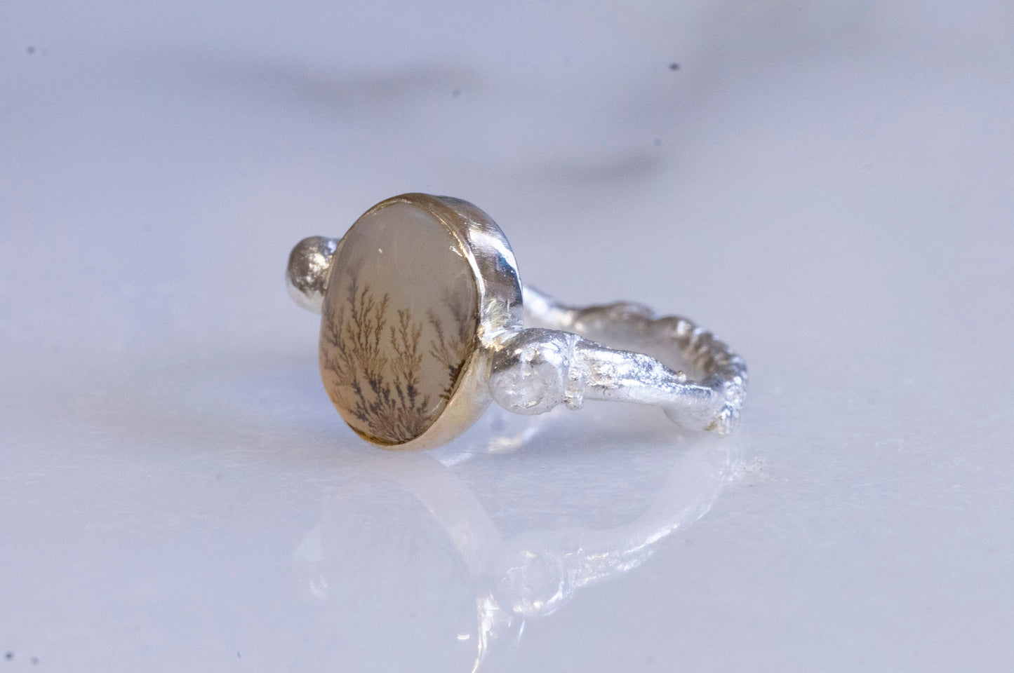 Dendritic agate 14k gold and sterling silver twig ring