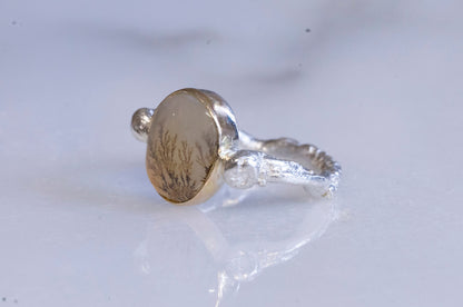 Dendritic agate 14k gold and sterling silver twig ring