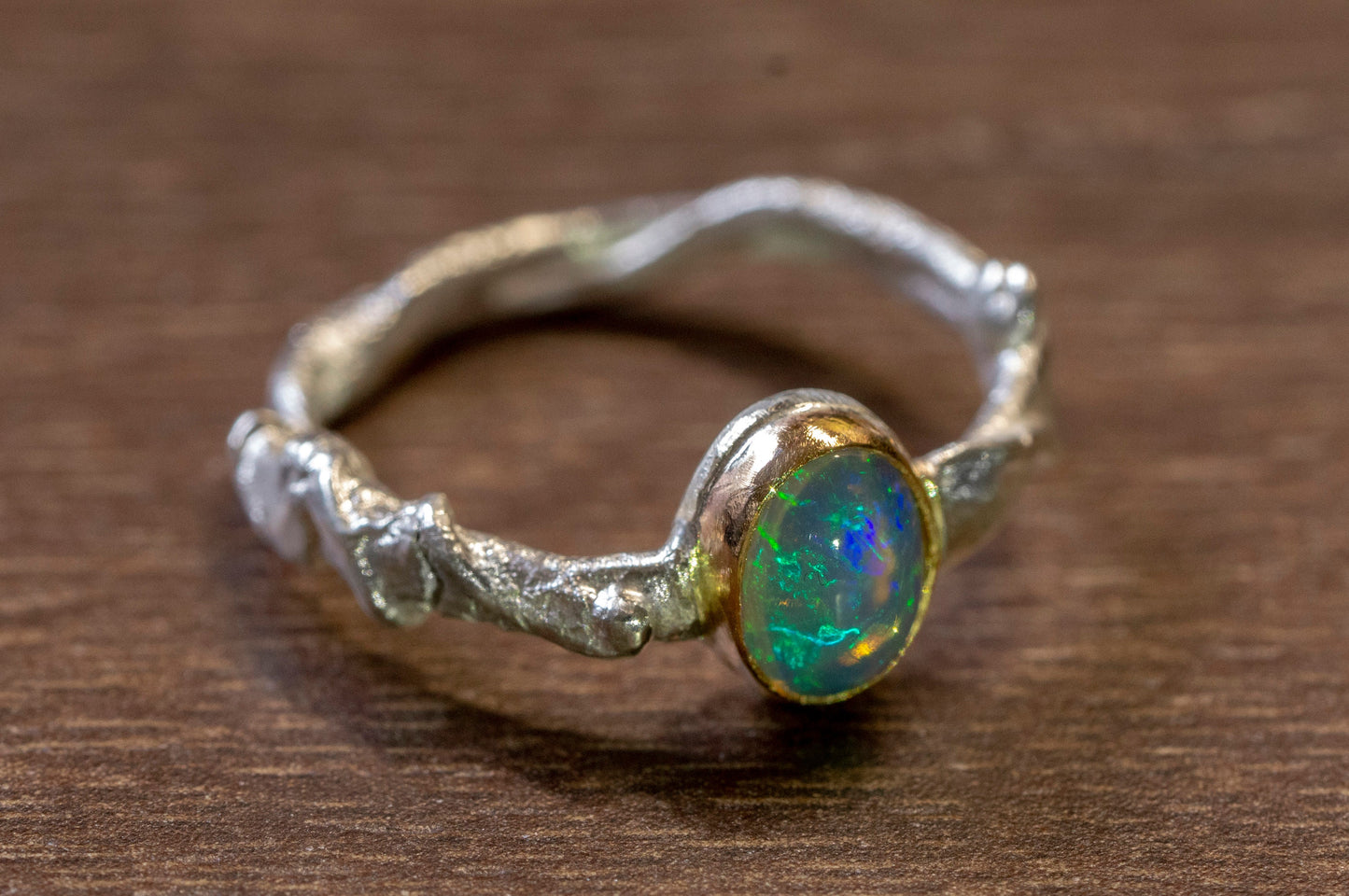 Ethiopian opal 14k gold and sterling silver twig ring