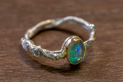Ethiopian opal 14k gold and sterling silver twig ring