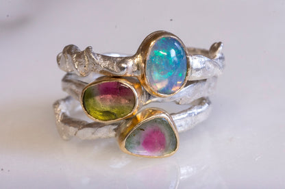 Ethiopian opal 14k gold and sterling silver twig ring