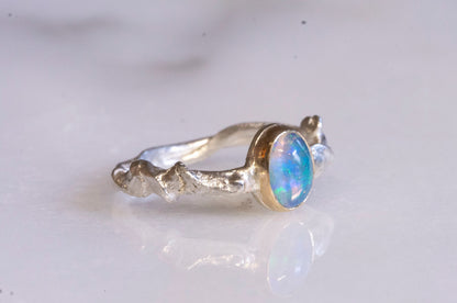 Ethiopian opal 14k gold and sterling silver twig ring