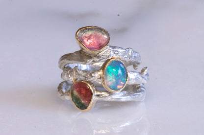 Ethiopian opal 14k gold and sterling silver twig ring