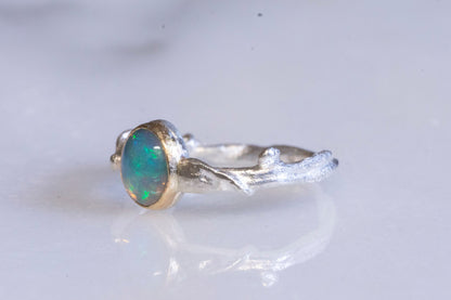 Ethiopian opal 14k gold and sterling silver twig ring