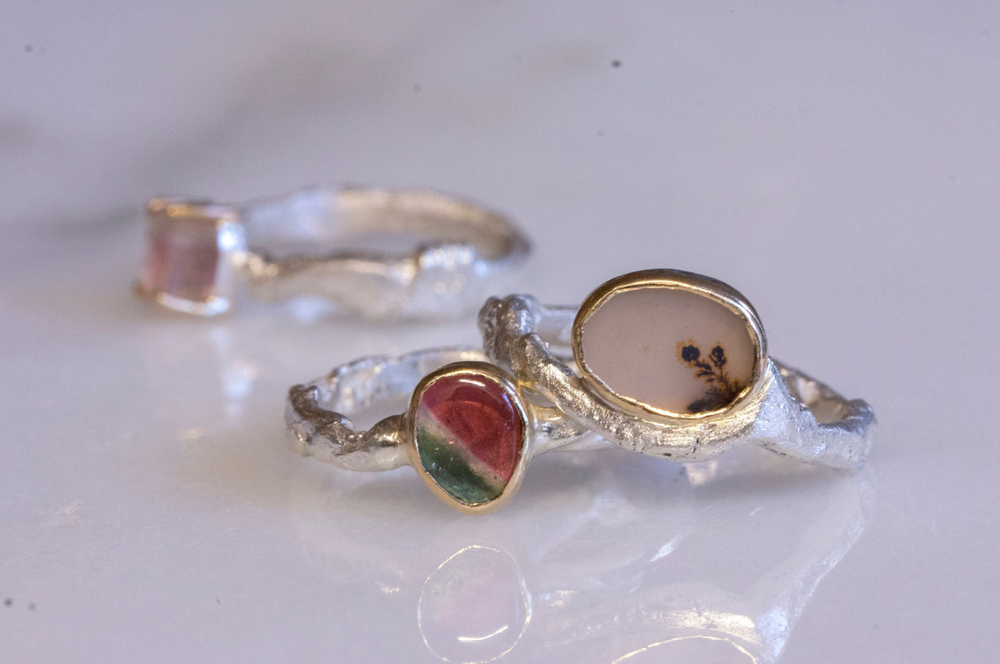 Dendritic agate twig shank ring