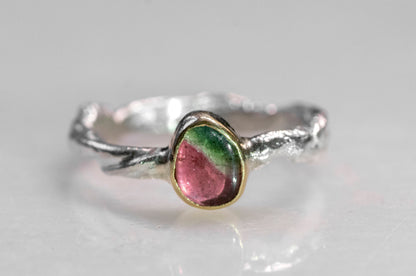 watermelon tourmaline twig texture ring