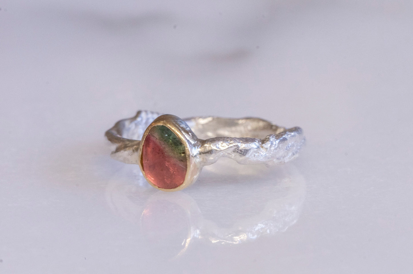 watermelon tourmaline twig texture ring