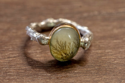 Dendritic agate 14k gold and sterling silver twig ring