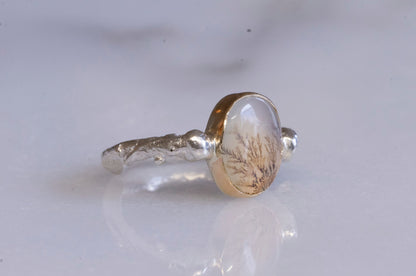 Dendritic agate 14k gold and sterling silver twig ring