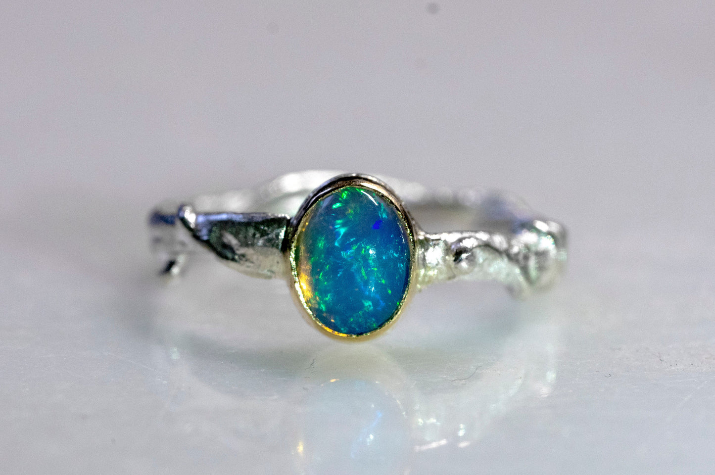 Ethiopian opal 14k gold and sterling silver twig ring
