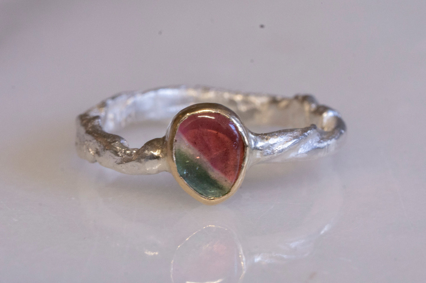 watermelon tourmaline twig texture ring