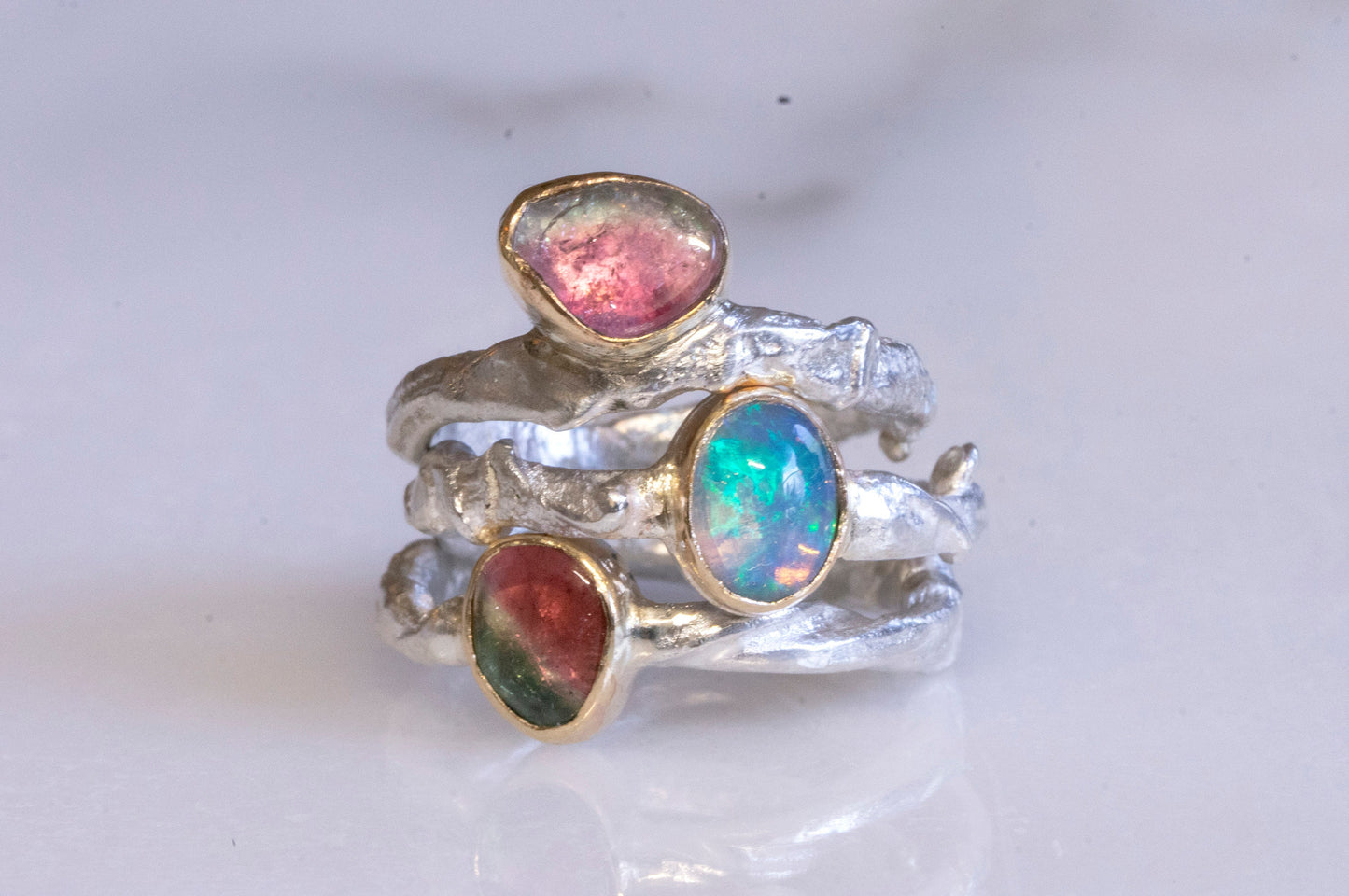 watermelon tourmaline twig texture ring