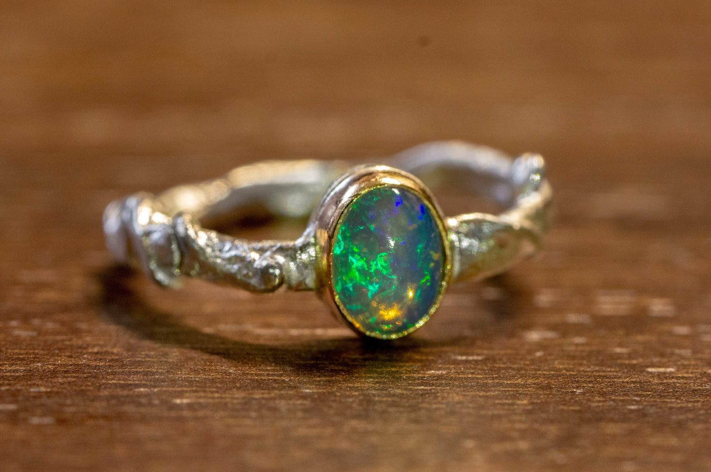 Ethiopian opal 14k gold and sterling silver twig ring