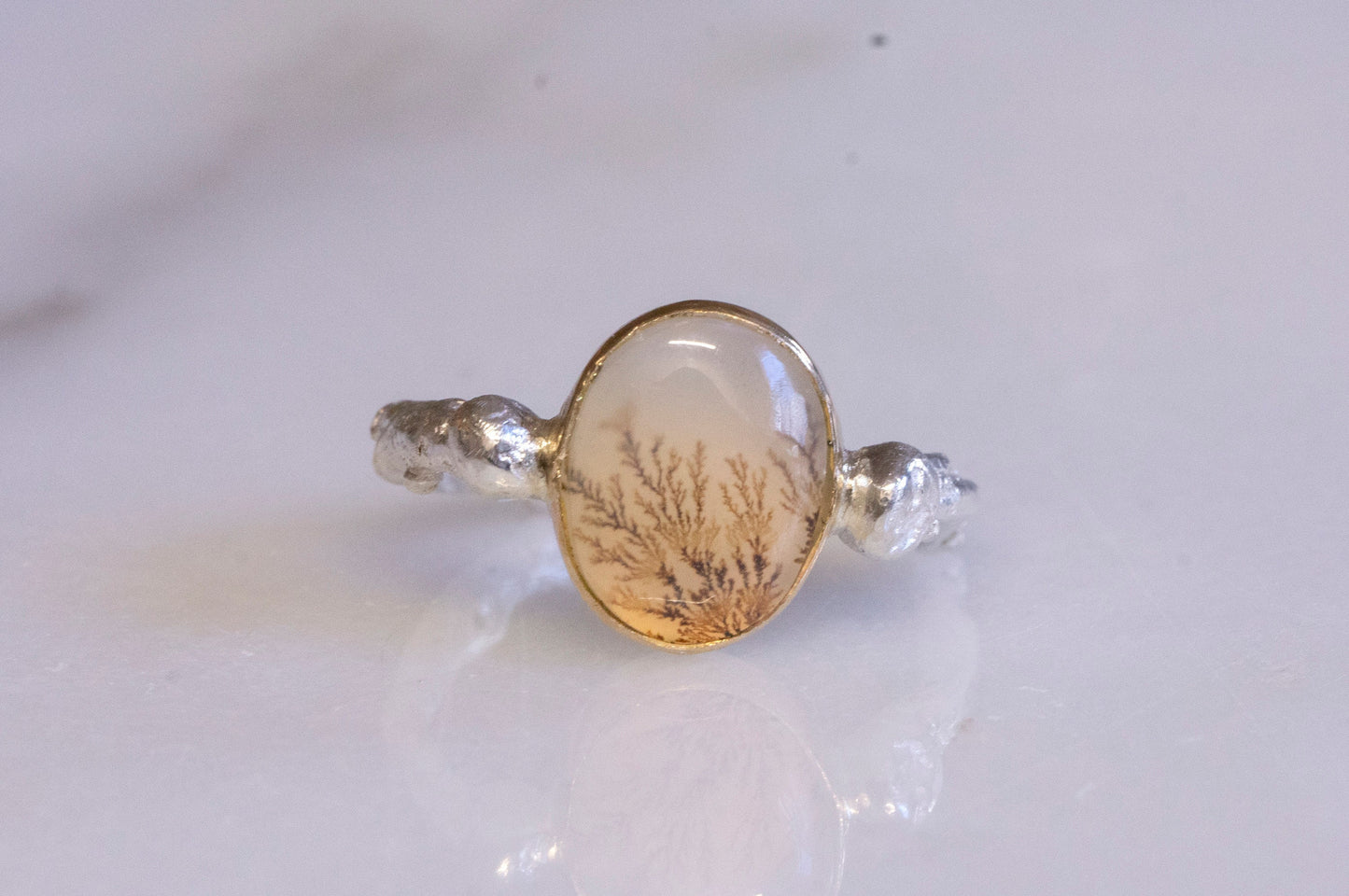 Dendritic agate 14k gold and sterling silver twig ring