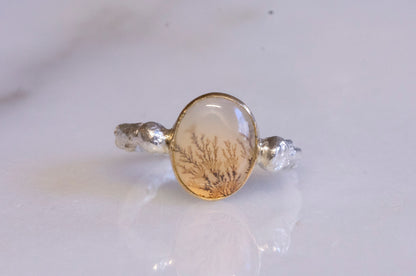 Dendritic agate 14k gold and sterling silver twig ring