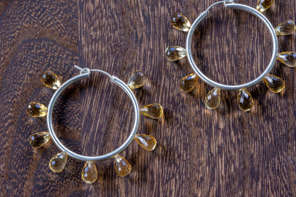Large citrine facet teardrop hoop earrings