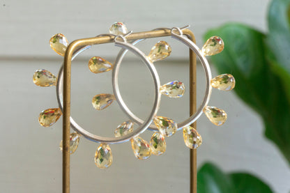 Large citrine facet teardrop hoop earrings