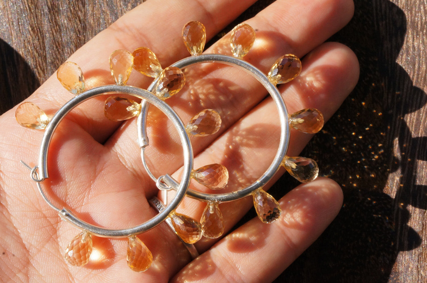 Large citrine facet teardrop hoop earrings