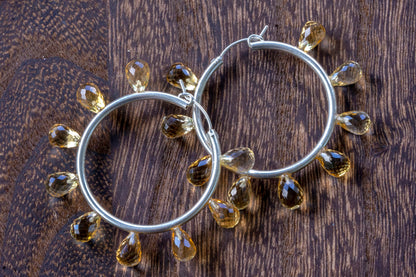 Large citrine facet teardrop hoop earrings
