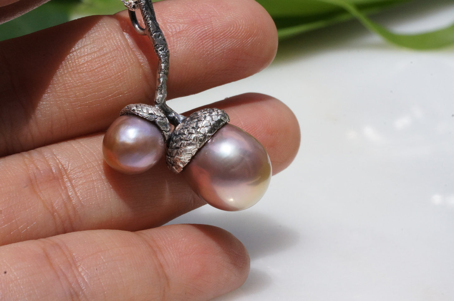 Baroque pearl acorn pendant necklace