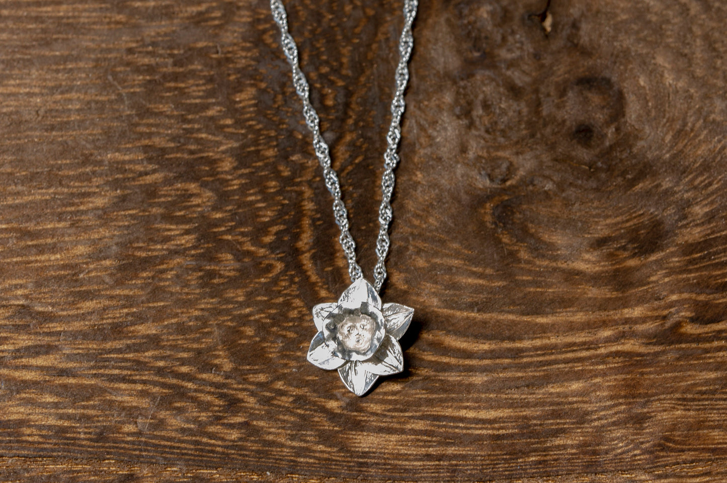 Daffodil silver necklace, silver narcissus pendant