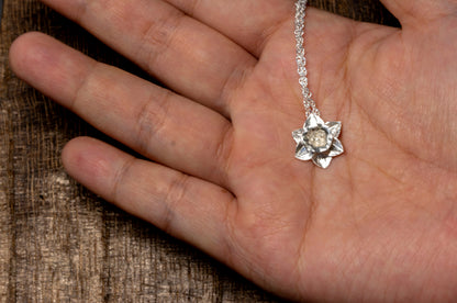 Daffodil silver necklace, silver narcissus pendant