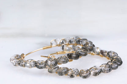 Black rutile quartz hoop earrings