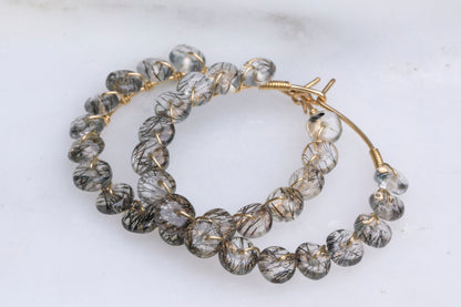 Black rutile quartz hoop earrings