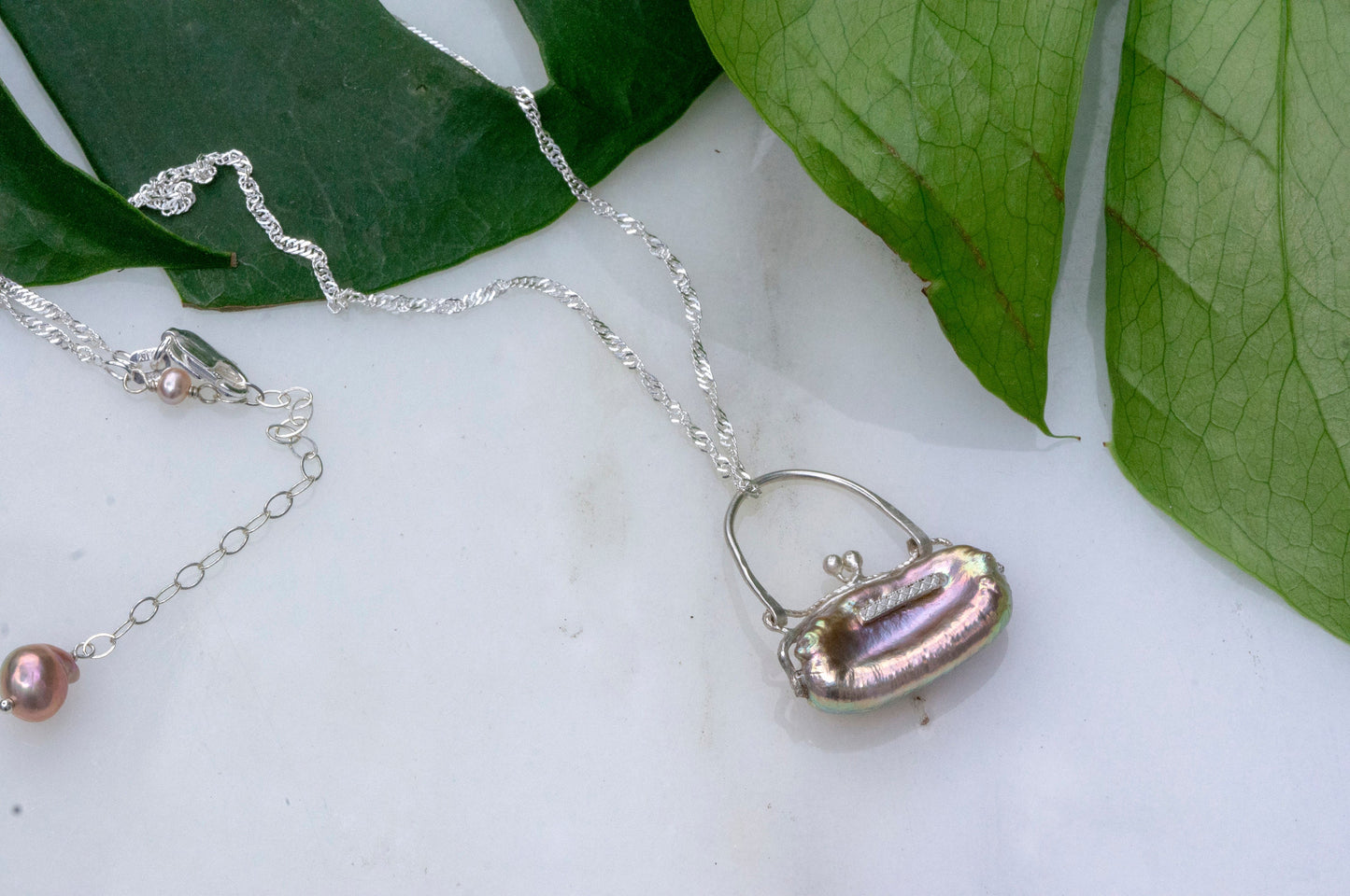Baroque pearl little purse pendant necklace