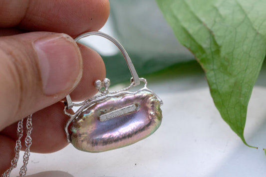 Baroque pearl little purse pendant necklace