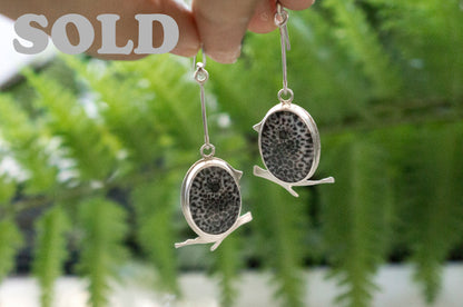 Black fossil coral little bird earrings