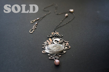 Swan black fossil coral and baroque pearl sterling silver necklace